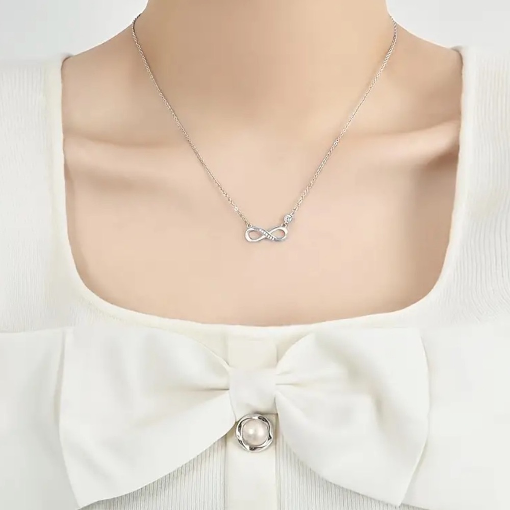 New Sterling Silver White Sapphire Infinity Design Chain Minimalist Necklace - Picture 8 of 14